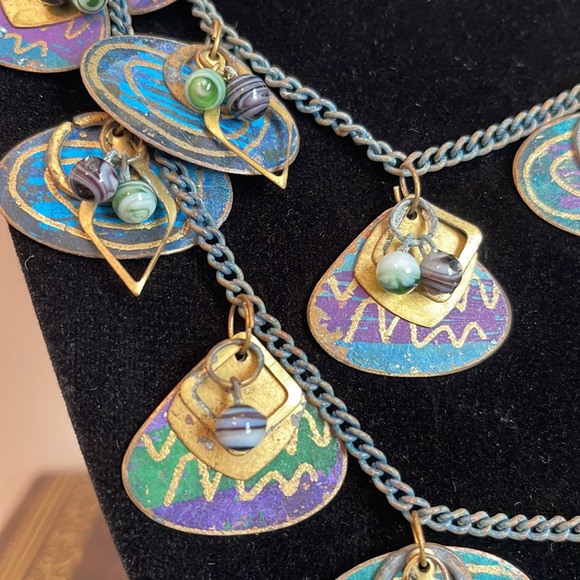 Artisan Painted Copper Disc Layered Statement Necklace - Picture 2 of 7